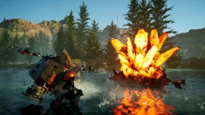 لقطة شاشة من لعبةsynduality echo of ada تعرض انفجارًا في النهر