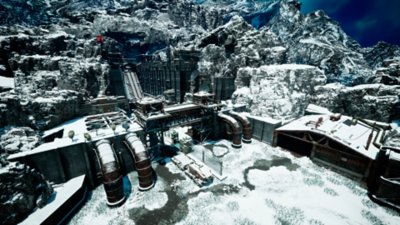 Synduality: Echo of Ada screenshot showing a mountainside complex covered in snow