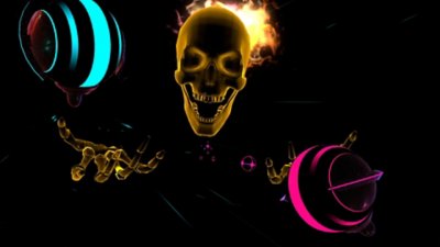 Synth Riders screenshot showing a huge flaming golden skull and skeletal hands.