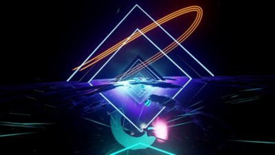 Synth Riders – skjermbilde som viser en rekke trekanter som reflekteres i et speilgulv