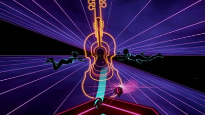 Screenshot aus Synth Riders, der zwei Figuren zeigt, die nahe eines sich wiederholenden, orangefarbenen Neonumrisses einer Violine fliegen