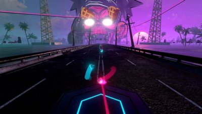 Capture d'écran de Synth Riders – une voie rapide avec un singe évoquant Gorillaz à l'arrière-plan