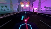 Synth Riders-screenshot van een snelweg met een Gorillaz-achtig aappersonage op de achtergrond