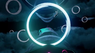 لقطة شاشة للعبة Synth Riders تظهر جو ملبد بالغيوم مليء بالأشكال الدائرية التي تحلق في الهواء