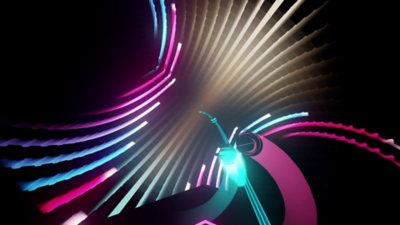 Screenshot aus Synth Riders, der eine abstrakte Lichtspirale zeigt