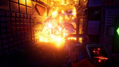 System Shock screenshot showing the player using a flamethrower