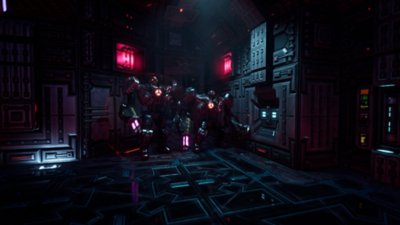 System Shock 스크린샷, 어두운 환경 속의 사이보그 적 둘