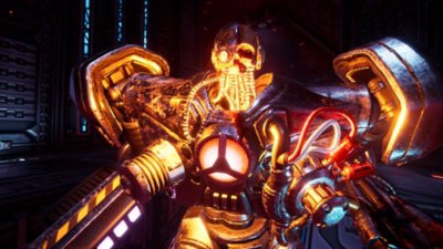 System Shock 스크린샷, 사이보그 적과의 근접 조우 상황