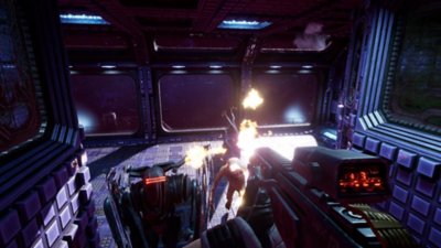 System Shock 스크린샷, 돌연변이 적에게 사격하는 플레이어