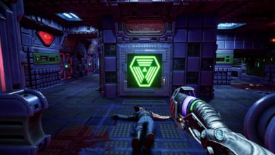 Captura de pantalla de System Shock que muestra una sala con un cadáver en el suelo