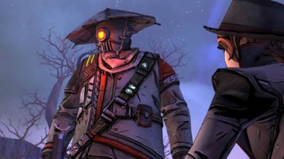 Captura de pantalla de Tales from the Borderlands que muestra a un robot con un sombrero cónico asiático