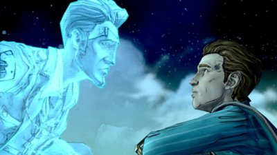 Captura de pantalla de Tales from the Borderlands que muestra a Rhys confrontado por una proyección holográfica de Handsome Jack