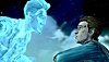 《无主之地传说》截屏，显示Rhys面对着帅气Jack的全息投影