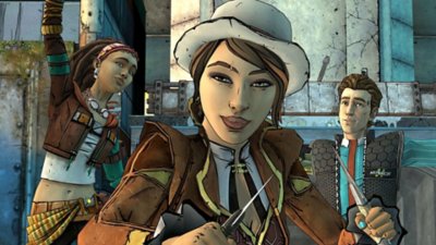 Tales from the Borderlands-képernyőkép Fionával, mögötte Rhysszel és Sashával