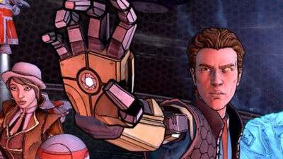 Tales from the Borderlands screenshot showing Rhys holding up his robotic arm as Fiona watches on