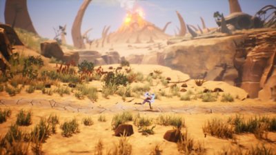 ภาพหน้าจอ Tales of Kenzera: ZAU แสดงให้เห็น Zau กำลังวิ่งผ่านภูมิประเทศคล้ายทะเลทราย
