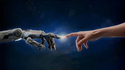 The Talos Principle Reawakened – grafika główna przedstawiająca rękę ludzką i robotyczną
