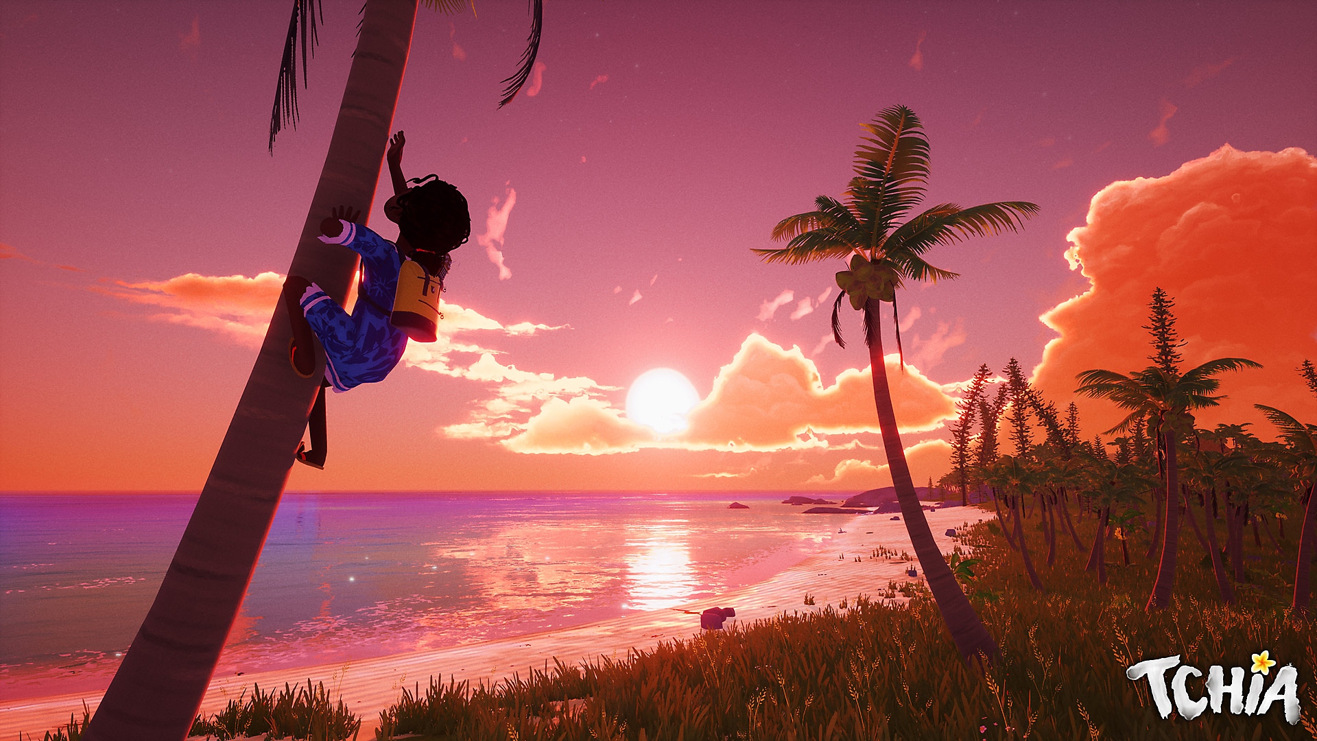 Tchia – snímek obrazovky s hlavní postavou šplhající na strom s krásným západem slunce v pozadí