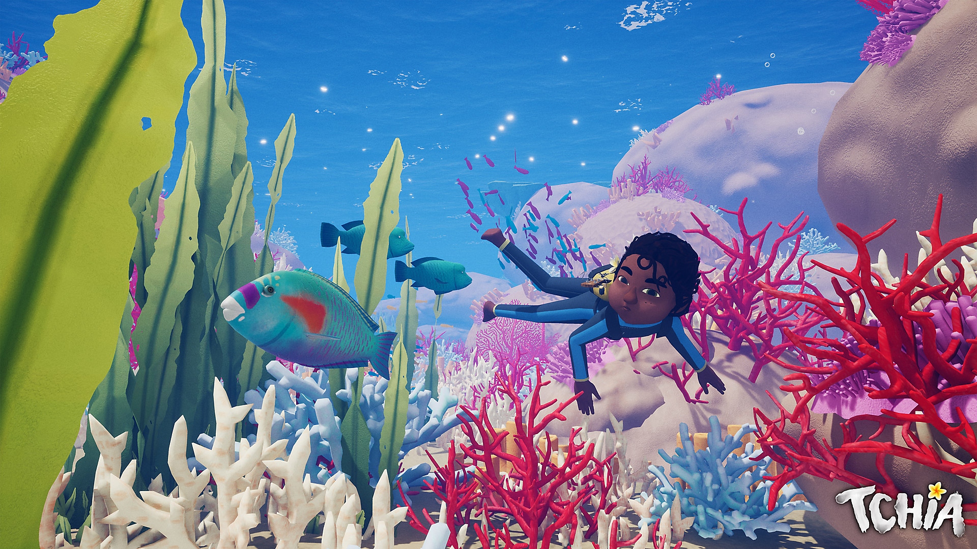 Tchia - Arte de herói mostrando a personagem principal nadando em um ambiente subaquático