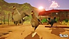 Captura de ecrã de Tchia que apresenta um cão a perseguir algumas galinhas