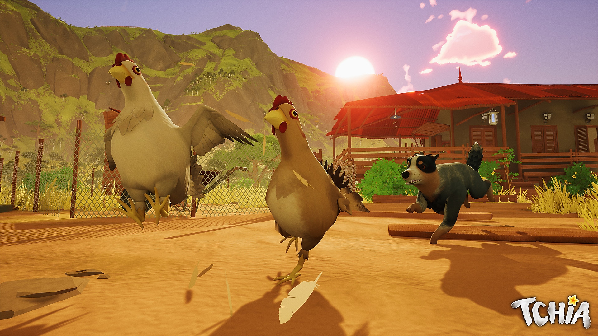 Screenshot von Tchia, der einen Hund zeigt, der ein paar Hühnern hinterherrennt