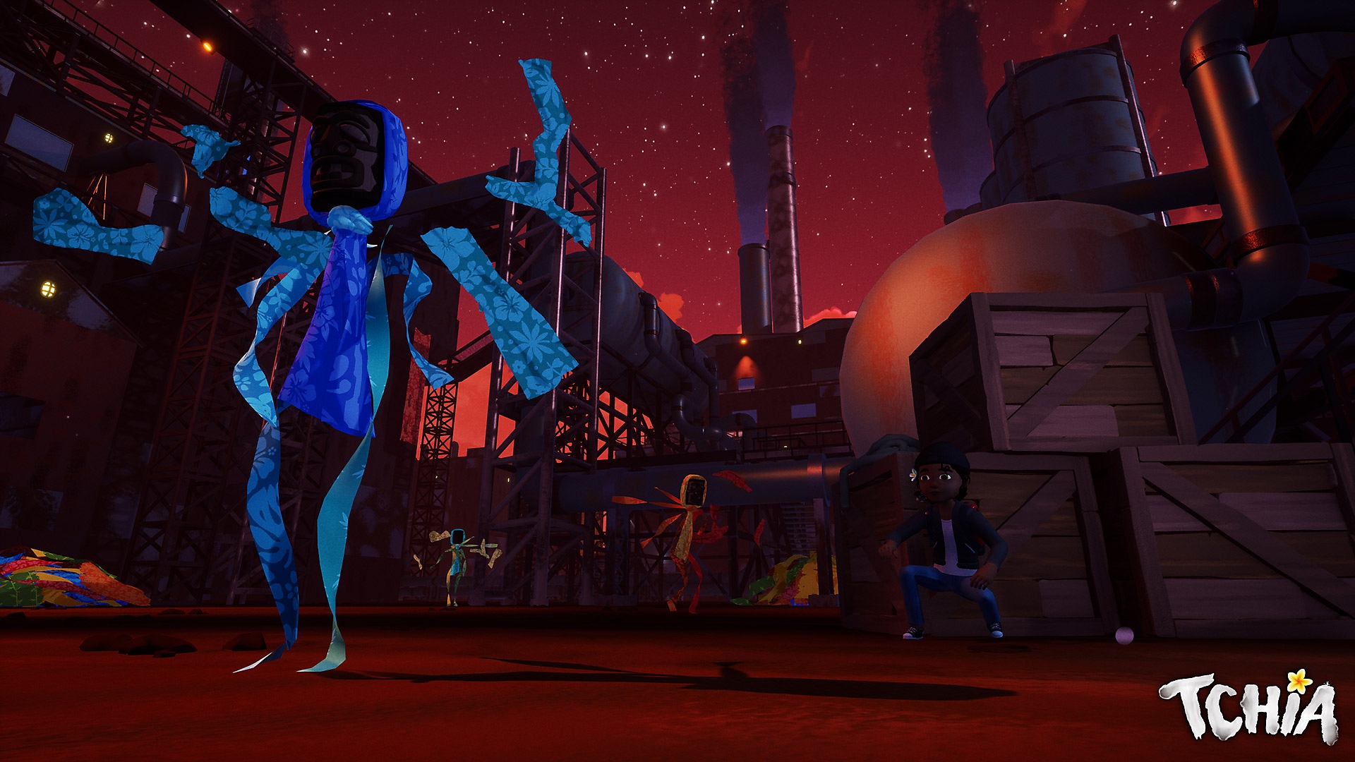 Snimka zaslona iz igre Tchia prikazuje scenu u zgradi nalik tvornici