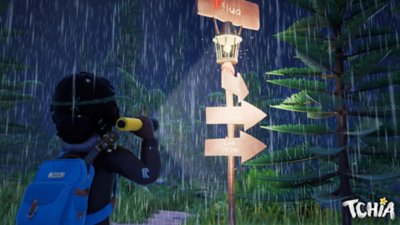 《Tchia》螢幕截圖，顯示一個角色站在雨中看著指路標 