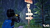 Captura de pantalla de Tchia que muestra a un personaje de pie bajo la lluvia mirando un marcador de ruta 