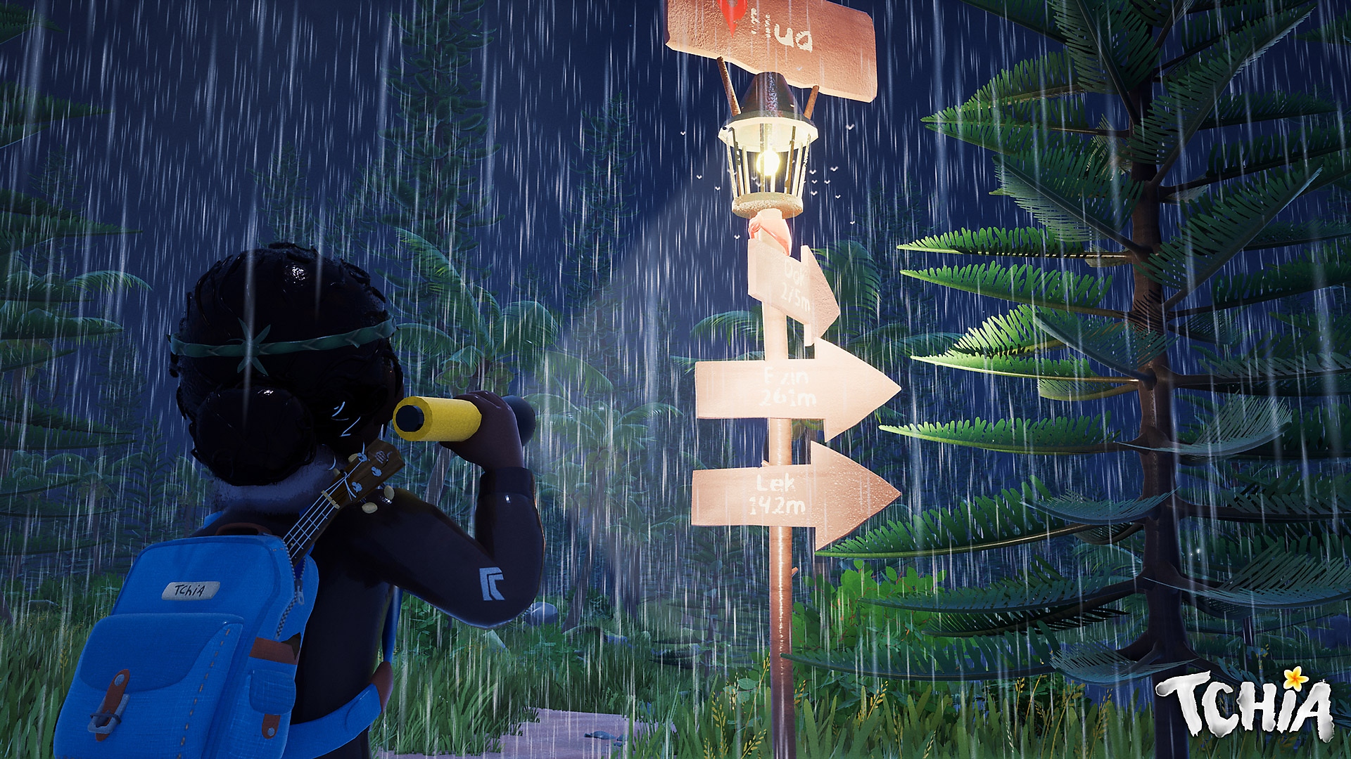 Tchia – snímek obrazovky s postavou stojící v dešti a dívající se na ukazatel cesty 