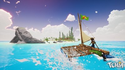 Captura de ecrã de Tchia que apresenta a personagem principal a navegar numa jangada em direção ao uma ilha