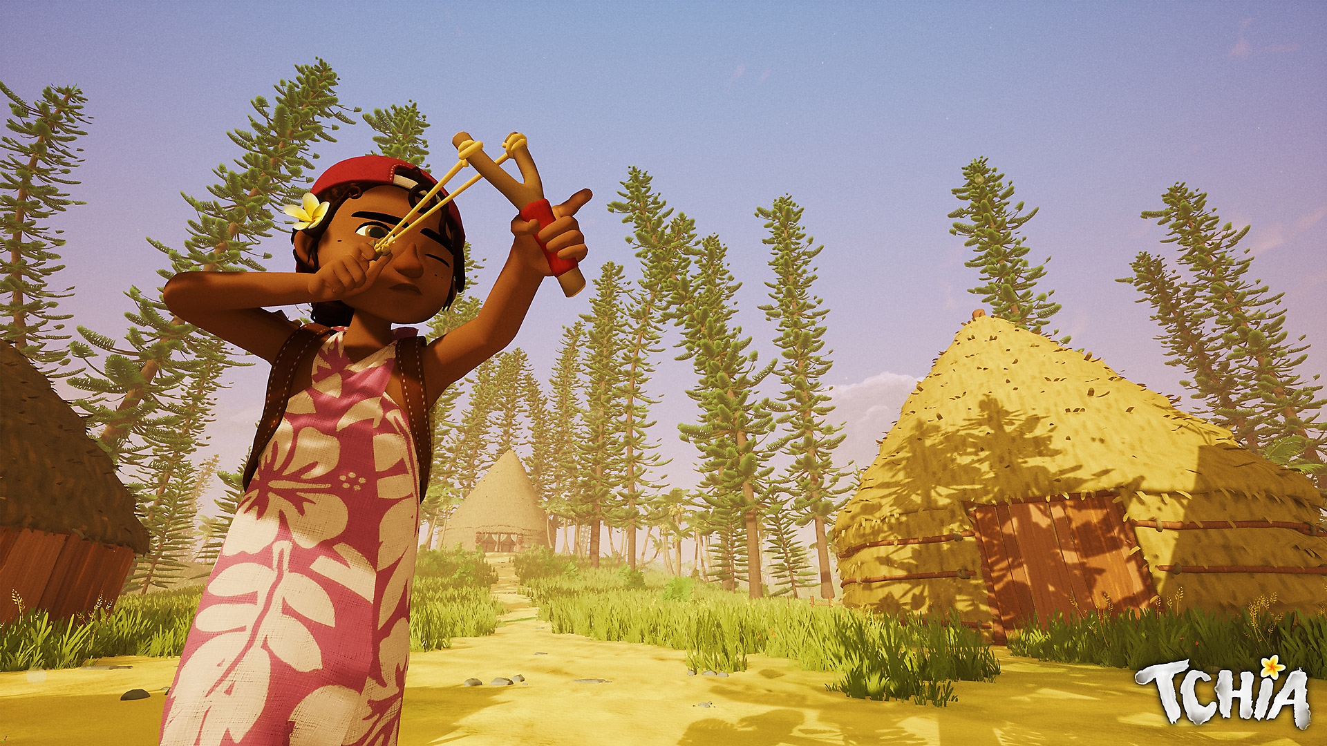 Tchia screenshot showing main character holding a slingshot