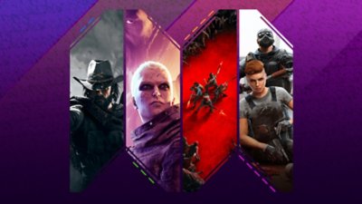 صورة فنية ترويجية لأفضل ألعاب التصويب الجماعية على PS4 و PS5 تعرض ألعاب Hunt: Showdown و Outriders و Back 4 Blood و Tom Clancy's Rainbow Six Siege