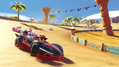 Team Sonic Racing - Istantanea della schermata che mostra delle auto che gareggiano su un circuito sabbioso