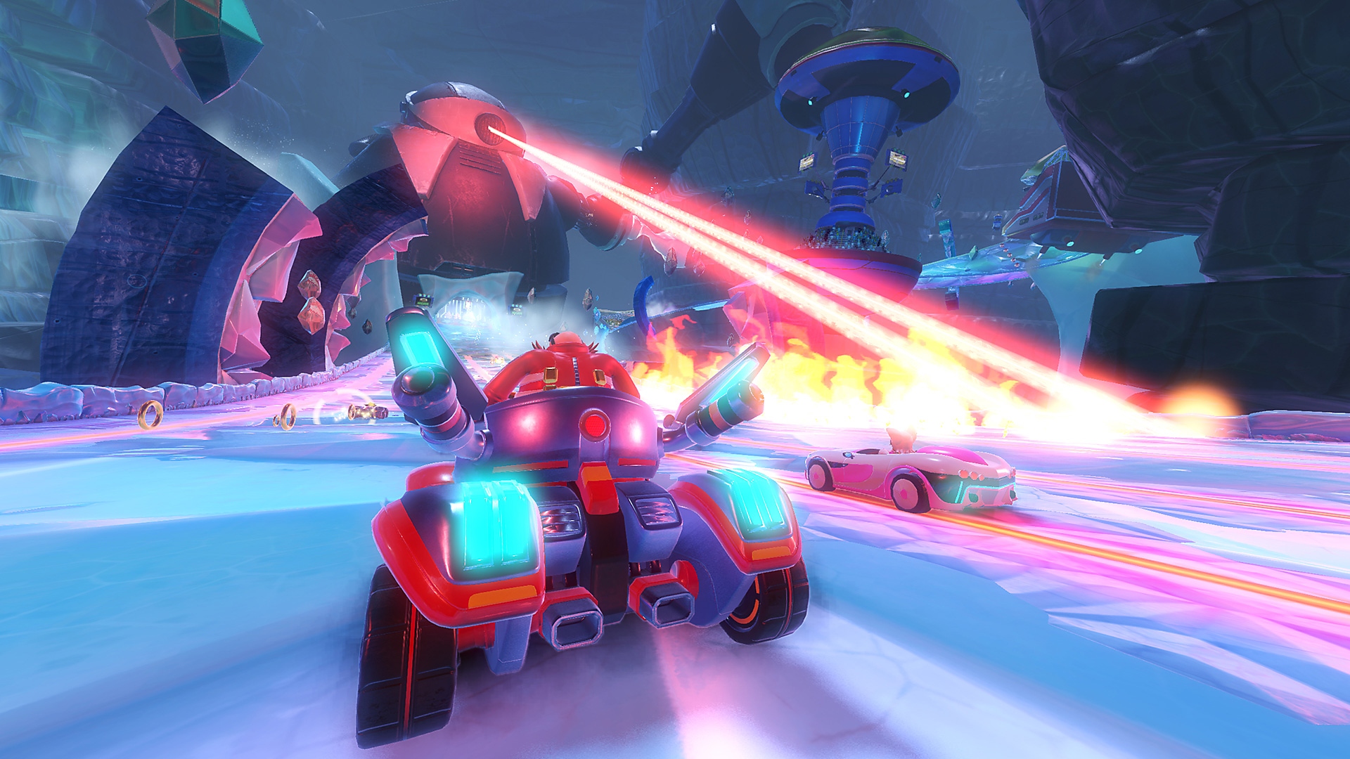 Captura de pantalla de Team Sonic Racing que muestra la acción de la carrera