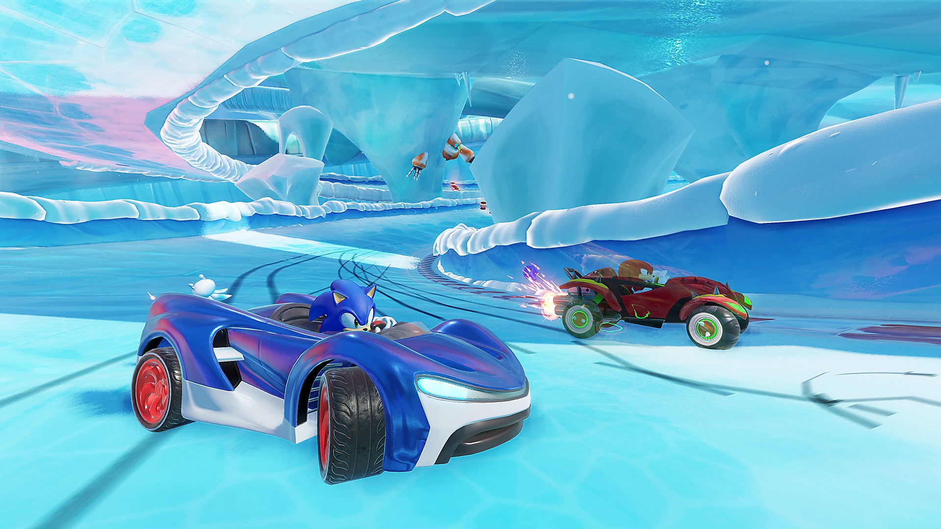 《Team Sonic Racing》螢幕截圖，顯示索尼克駕駛藍色跑車在結冰的賽車場上競速