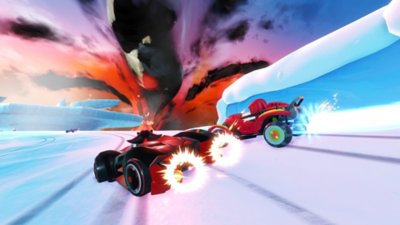 Snimka zaslona iz igre Team Sonic Racing prikazuje dva automobila u utrci