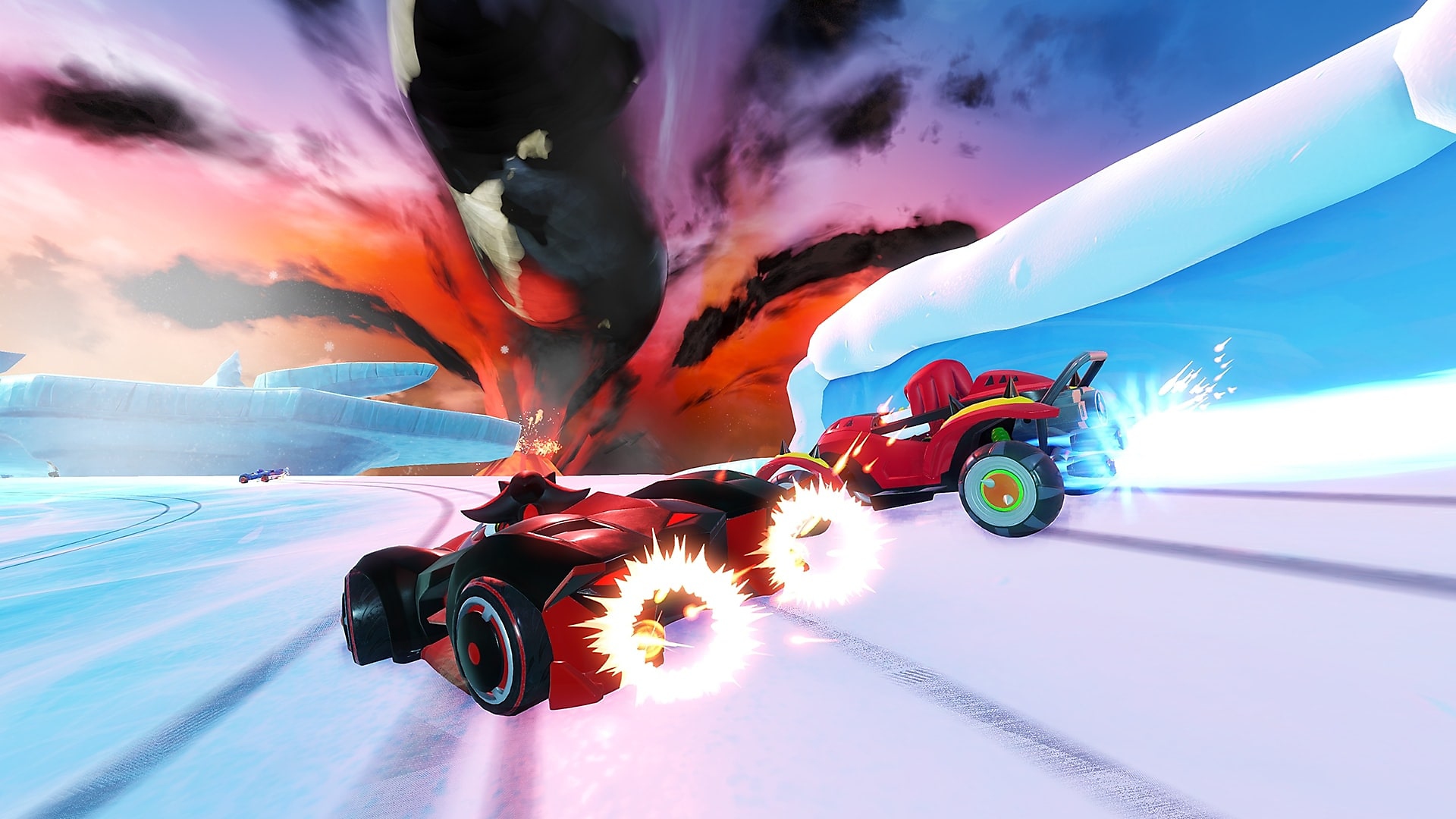 Team Sonic Racing στιγμιότυπο οθόνης που απεικονίζει δύο αυτοκίνητα να αγωνίζονται