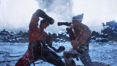Tekken 8 screenshot showing two characters fighting in front of a tornado