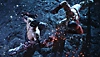 Tekken 8 - captura de ecrã que mostra uma visão de cima para baixo de duas personagens a lutar num ambiente vulcânico