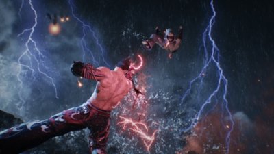 Tekken 8 screenshot showing Kazuya Mishima and Kazama Jin fighting as lighting bolts fill the sky