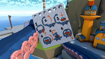 Imagem do jogo Tentacular que mostra o jogador a olhar para instruções de um dispositivo para transportar um carro