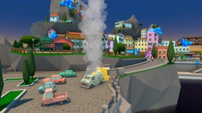 Snímek obrazovky ze hry Tentacular zobrazující hořící dodávku uprostřed města