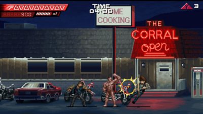 Terminator 2D: No Fate – Screenshot, der den T-800 bei einem Kampf vor einer Bar zeigt