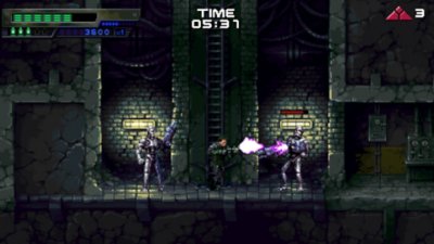 Terminator 2D: No Fate – Screenshot, der den Spieler beim Kampf gegen zwei skelettartige Terminators zeigt