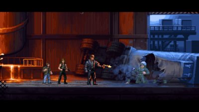 Terminator 2D: No Fate – Screenshot, der den T-800 des Spielers zeigt, wie er auf einen gefrorenen T-1000 schießt
