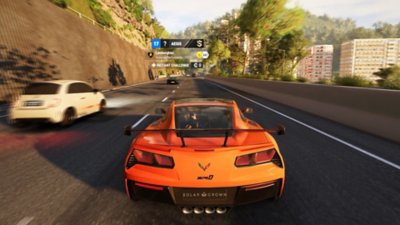 Test Drive Unlimited Solar Crown screenshot showing the rear of a car from the player's perspective