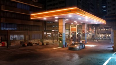 Test Drive Unlimited Solar Crown - Screenshot di un'auto parcheggiata a una pompa di benzina