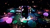 Screenshot van Tetris Effect Connected waarin de game wordt gespeeld met een achtergrond van gekleurde waterlelies