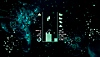 Tetris Effect Connected -pelin kuvakaappaus, jossa käynnissä olevan pelin taustalla näkyy vihreitä, hohtavia meduusoja