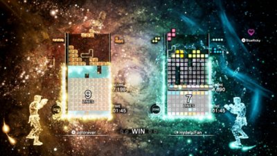 Captura de ecrã de Tetris Effect: Connected de uma partida para dois jogadores, ambos em modo Zone